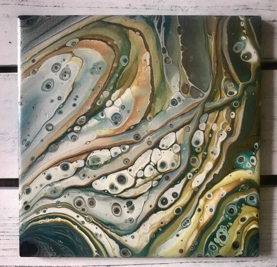 Silver Blue Green Yellow Drink Coaster Handmade Ceramic Tile Trivet Painted Artisan Made