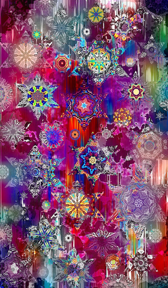 Textile Artist Fabric Large Panel Star Plum Red Kaleidoscope Fiber Art Quilting