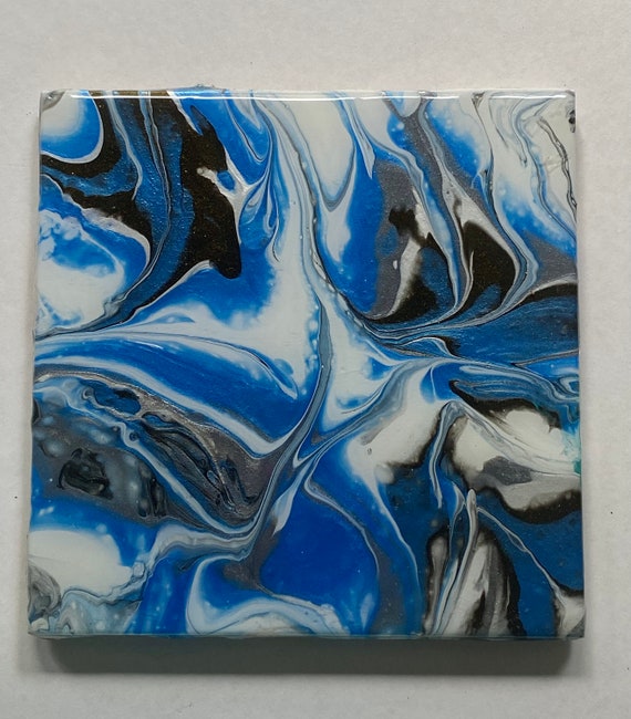 6 Inch Tile Trivet Coaster Bright Blue Silver Handmade Ceramic Painted Resin