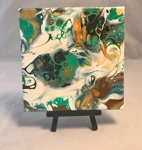 Gold Green Abstract Handmade Ceramic Tile Coaster Trivet Painted Artisan Made