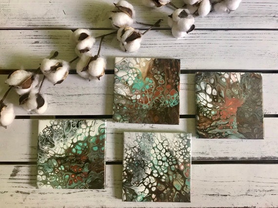 Hand Painted Colorful Art Gold Sea Foam Ceramic Tile Coaster Set of 4 Painted Artisan Made Gift Idea Home Decoration