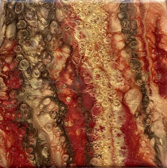 Handmade 6 inch Trivet Red Gold Bubbles Resin Epoxy Ceramic Tile Coaster Artisan Made Gift Home Decoration