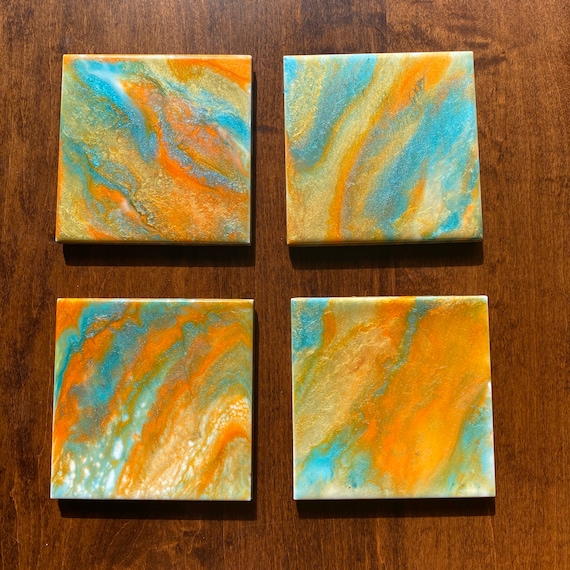 4.25 inch Pearlized Turquoise Orange Gold Handmade Ceramic Tile Coaster Set of 4 Painted Artisan Made Gift Idea