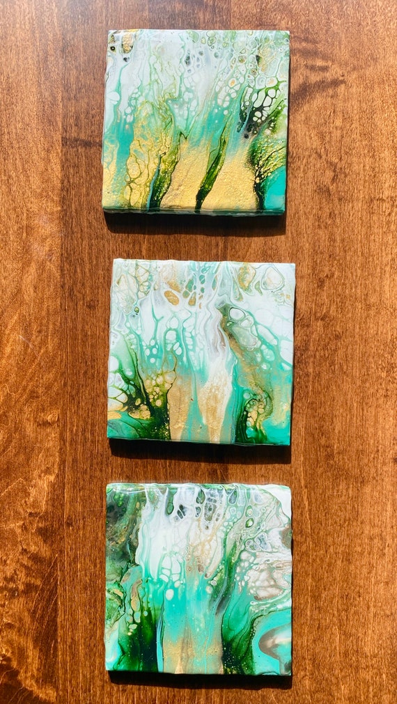 Coaster Set of 3 Green Gold Tile Ceramic Trivet Hand Painted Artisan Made Gift Idea Home Decoration