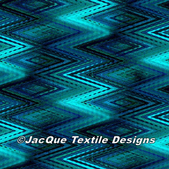 Artist Made Canvas Fabric Panel Abstract Zig Zag Blue Tones Fiber Art