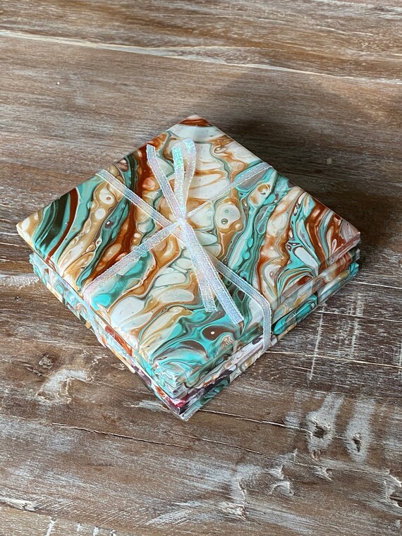 Coaster Set of 4 Gold Green Handmade Ceramic Tile Painted Artisan Made Gift Idea