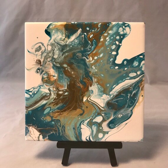 Painting One of a Kind Blue Gold Brown Handmade Ceramic Tile Coaster Trivet Painted Artisan Made