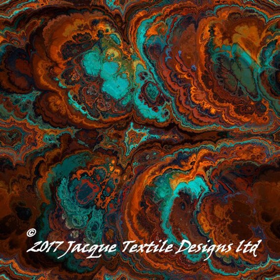 Geo Agate Brown Rust Turquoise Cotton Quilting Hand Created Textile Art Fabric