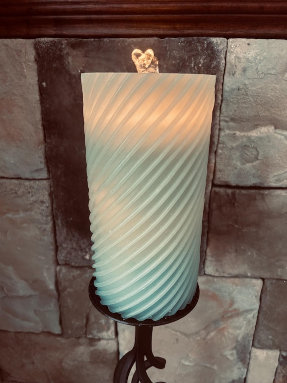 Sage Green Embossed Real Wax Fountain Candle with Remote Timer (7.75 inches)