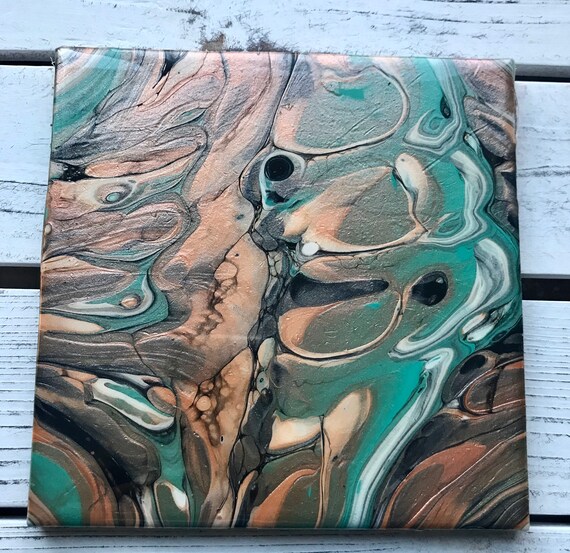 Trivet 6 inch Storm Copper Green ART Resin Handmade Ceramic Tile Coaster Painted Artisan Made