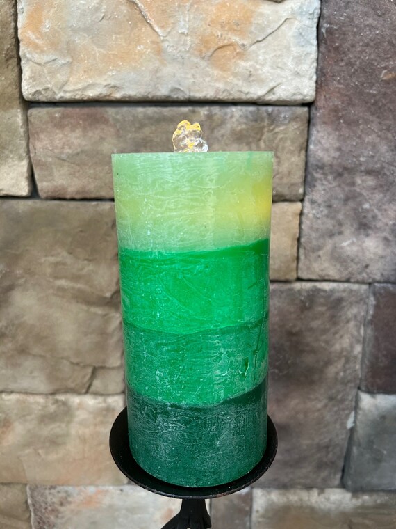 Wax Fountain Candle Shades of Green with Light Runs on Water Soothing Fountain Sound Remote Timer