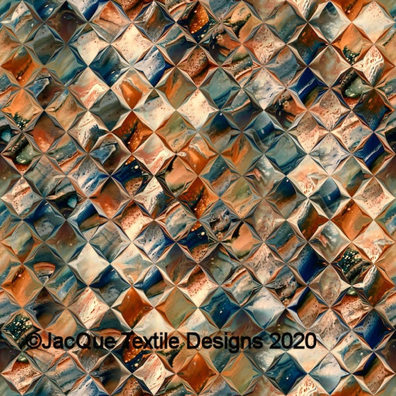 Velvet Upholstery Fabric Diamond Rust Blue One of a Kind Handmade Commercial Grade Fabric Fiber Art