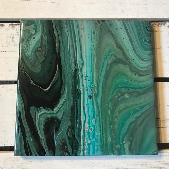 Handmade Teal Blue Green Resin Epoxy Ceramic Trivet Tile Coaster Artisan Made Gift Home Decoration