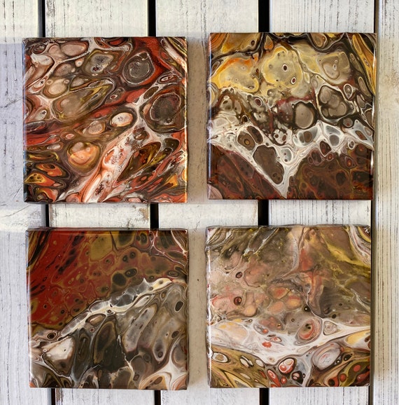 4.25 inch One of a Kind Handmade Ceramic Tile Coaster Set of 4 Painted Copper Gold Artisan Made Gift Idea