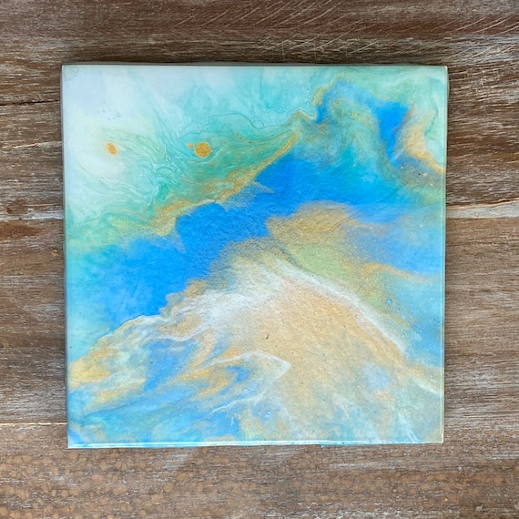 Blue Beach Watercolors Trivet Handmade Resin Coaster Artisan Made Gift Home Decoration