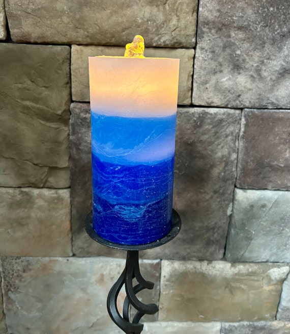 Wax Fountain Candle White Blue Navy with Light Runs on Water Soothing Fountain Sound Remote Timer
