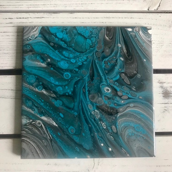 Acrylic Painting Turquoise Drink Coaster Handmade Ceramic Tile Trivet Painted Artisan Made