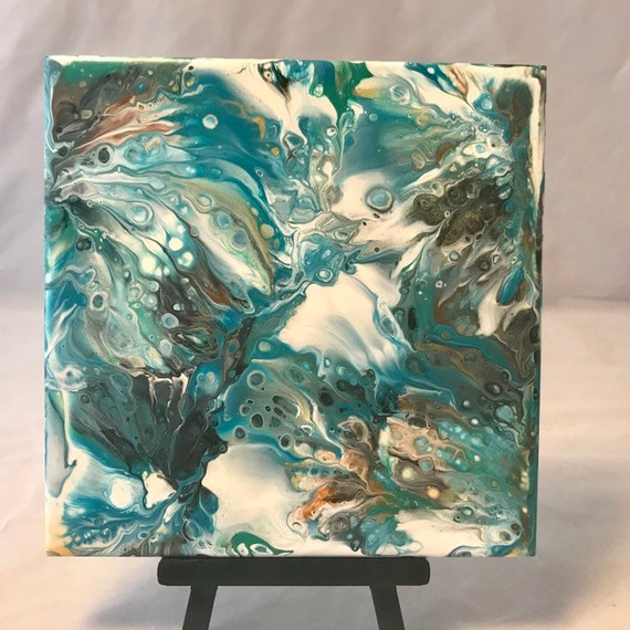 Painting One of a Kind Blue Green Brown Cream Handmade Ceramic Tile Coaster Trivet Painted Artisan Made
