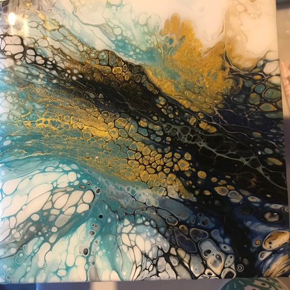 Art 6 inch Trivet Blue Gold Navy Thunderstorm Resin Handmade Abstract Tile Coaster Painted Artisan Made