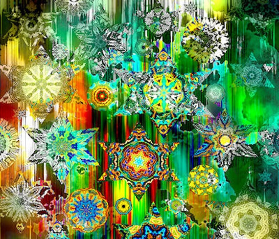 Quilting Artist Fabric Large Panel Star Green Kaleidoscope Fiber Art Decor