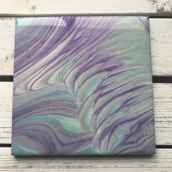 Handmade 6 inch Trivet Purple Waves Resin Epoxy Ceramic Tile Coaster Artisan Made Gift Home Decoration