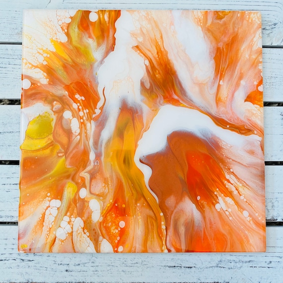 12 inch Square Plate Platter Centerpiece Resin Copper Orange Yellow UNIQUE Handmade Painted Artisan Made