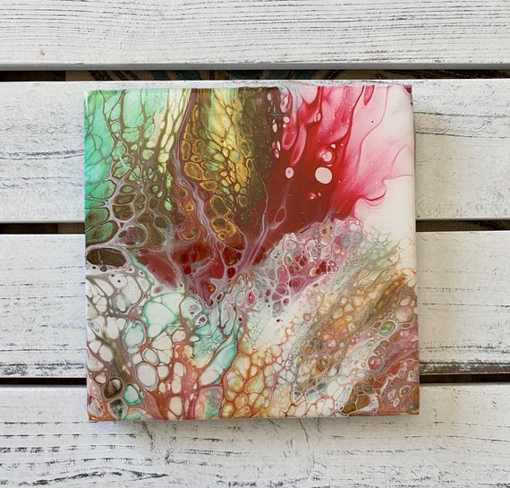 Trivet Coaster Gold Fire Flames Resin Handmade Ceramic Tile Coaster Painted Artisan Made