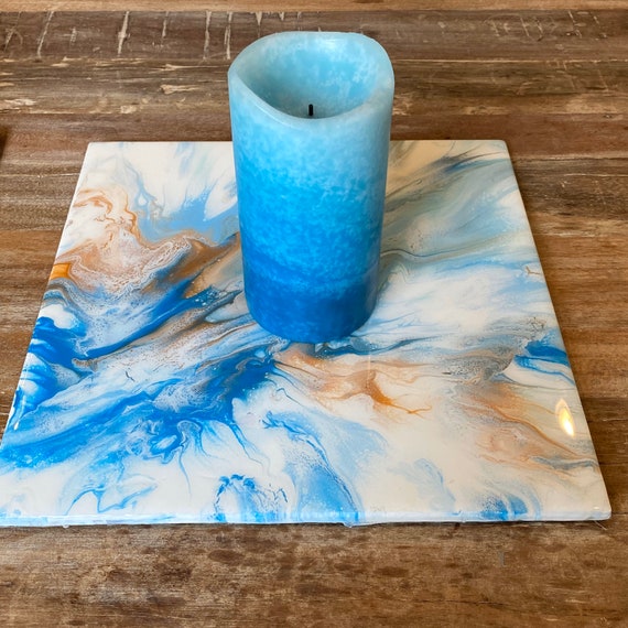 12 inch Square Plate Platter Centerpiece Resin Copper Silver Ocean Blue Waves UNIQUE Handmade Painted Artisan Made