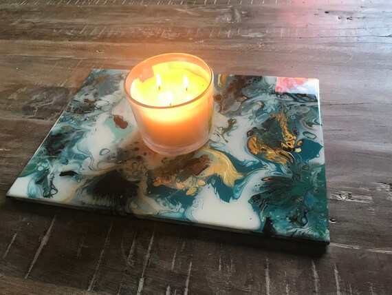 Resin Plate Platter Centerpiece Resin Abstract Art Gold Blue Turquoise 10 Inch by 14 inch UNIQUE Handmade Painted Artisan Ceramic Tile