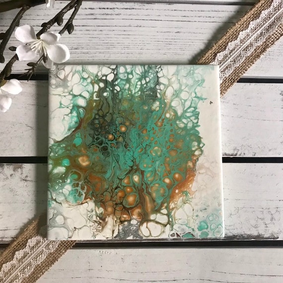 Trivet Sea Foam Green Gold Resin Handmade Ceramic Tile Coaster Painted Artisan Made