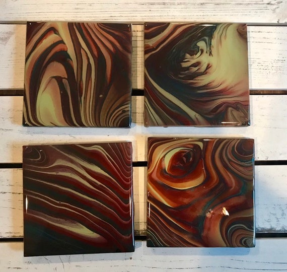 4 Coaster Set Gold Copper Red Ceramic Tile Hand Painted Artisan Made Gift Idea Home Decoration