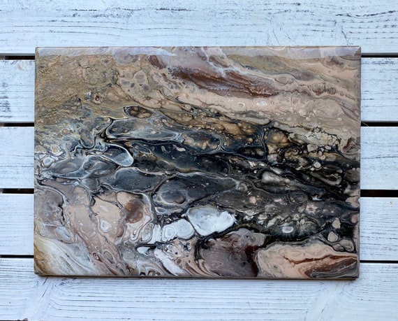 Plate Platter Centerpiece Resin Abstract Art Gold Grey Beige 10 Inch by 14 inch UNIQUE Handmade Painted Artisan Ceramic