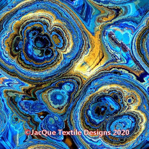 Blue Yellow Agate Artist Created Satin Fabric Fiber Art Marble Fabric Rich Fashion