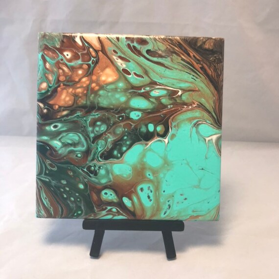 One of a Kind Aqua Blue Abstract Handmade Ceramic Tile Coaster Trivet Painted Artisan Made