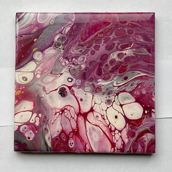 Trivet 6 inch Resin Pink Purple Fushia Handmade Tile Coaster Painted