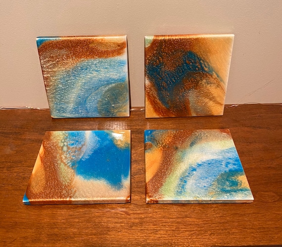 Coaster Set of 4 Gold Copper Turquoise Handmade Ceramic Tile Painted Artisan Made Gift Idea