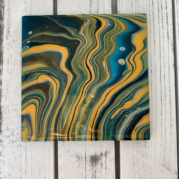 6 inch Trivet Handmade Resin Epoxy Metallic Aqua Gold Ceramic Tile Coaster Artisan Made Gift Home Decoration