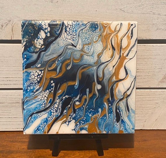 Trivet Resin Handmade Swimming Fish Blue Gold Ceramic Tile Coaster Painted Artisan Made