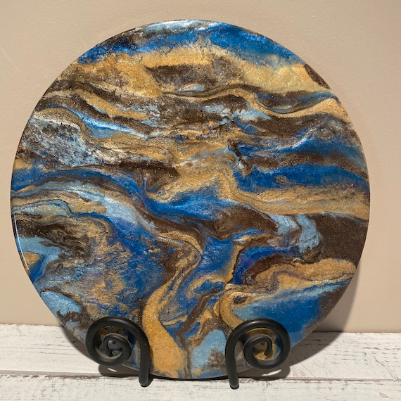 Handmade Painted Wooden Circle 12 inches Centerpiece Resin Abstract Art Brown Gold UNIQUE Artisan Christmas Gift