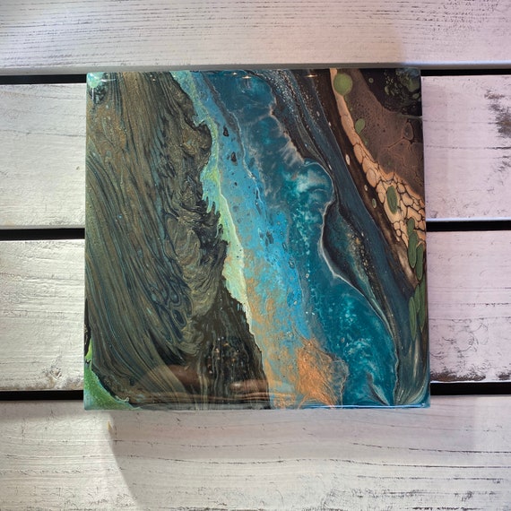 6 Inch Trivet Galaxy Blue Green Black Handmade Ceramic Tile Coaster Painted Artisan Made