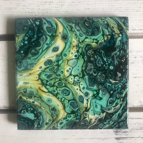 Painting Green Blue Handmade Ceramic Tile Drink Coaster Set of 3 Artisan Made Gift Idea
