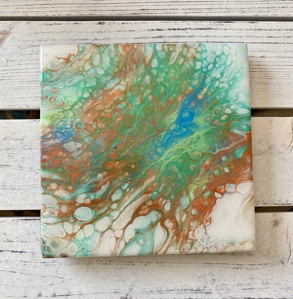 6 Inch Tile Trivet Coaster Galaxy Of Colors Metallic Paint Supernova Handmade Ceramic Painted Artisan Made