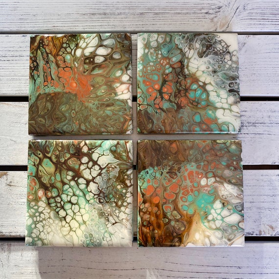 Seaform Green 4.25 inch One of a Kind Handmade Ceramic Tile Coaster Set of 4 Painted Copper Gold Artisan Made Gift Idea