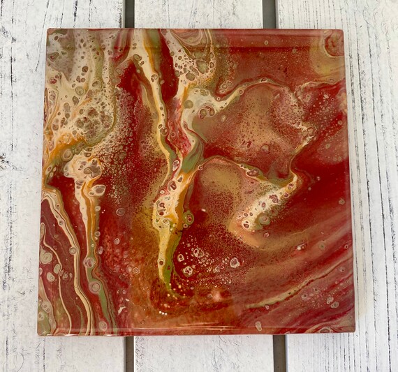 Trivet Red Gold Resin Handmade Ceramic Tile Coaster Painted Artisan Made
