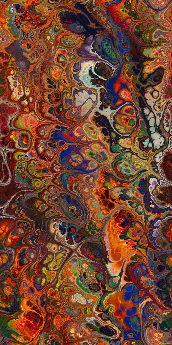 Artist Made Satin Fabric Panel Abstract Marble Swirls of Color Jewel Tones Fiber Art