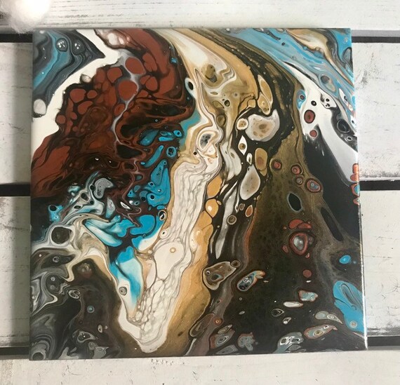 Cream Copper Gold Blue Handmade Ceramic Tile Coaster Trivet Painted Artisan Made