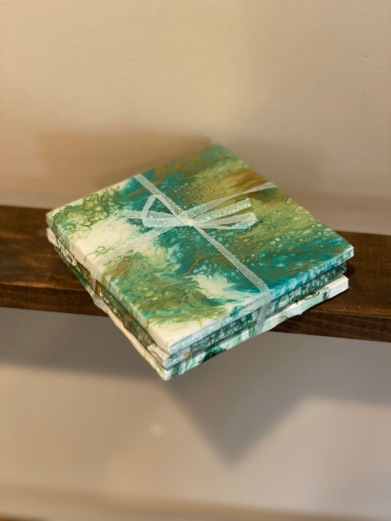 Metallic Green Blue Gold Painting One of a Kind Handmade Ceramic Tile Coaster Set of 4 Painted Artisan Made Gift Idea