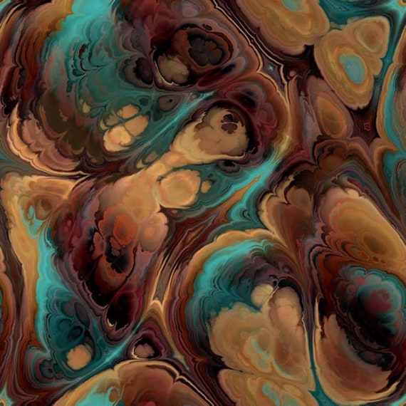 Satin Brown Turquoise Artist Created Gorgeous Silky Fabric Fiber Art Rich Unique Marble