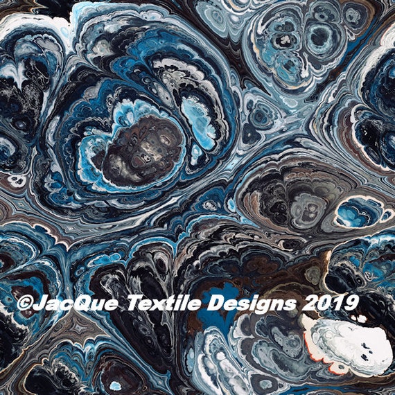 Blue Grey Marble Textile Artist Made Gorgeous Cotton Canvas Upholstery Fabric Home Decor Unique