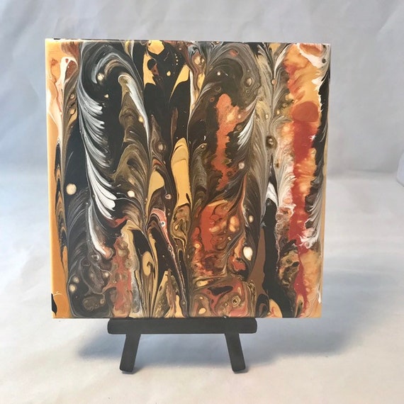 Gold Copper Black White Yellow Abstract Painting One of a Kind Handmade Ceramic Tile Coaster Trivet Painted Artisan Made